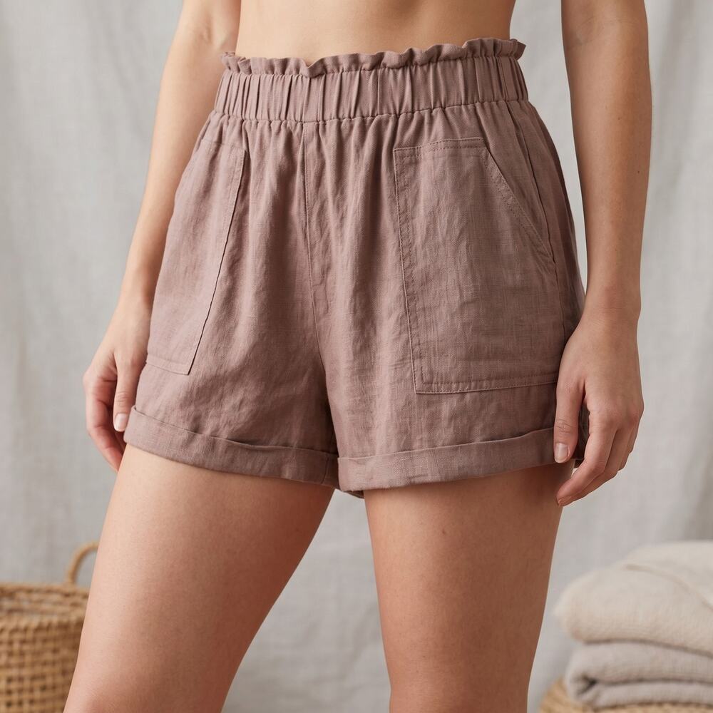 Shinester Women’s Paperbag Waist Shorts Linen Blend Boho Coastal Mauve M